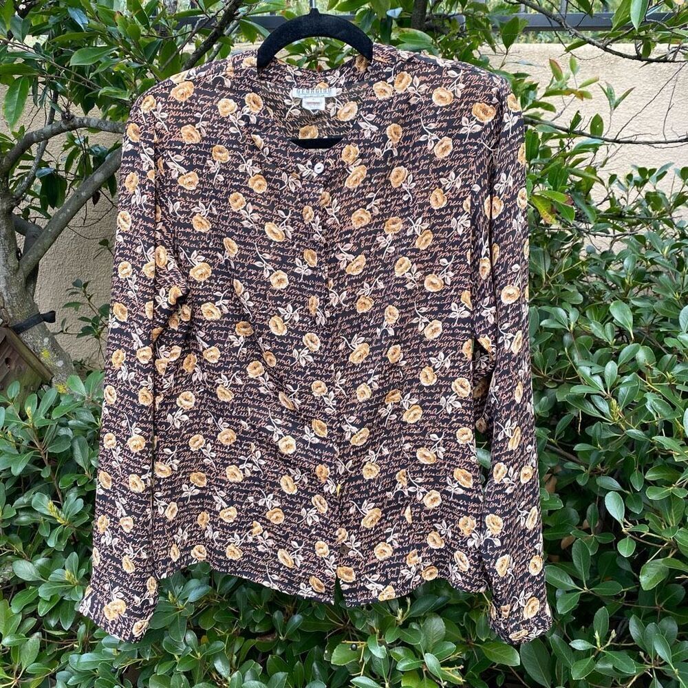 Georgiou Women's Black Tan Floral Print Long Sleeve Button Down Blouse Size 6. E
